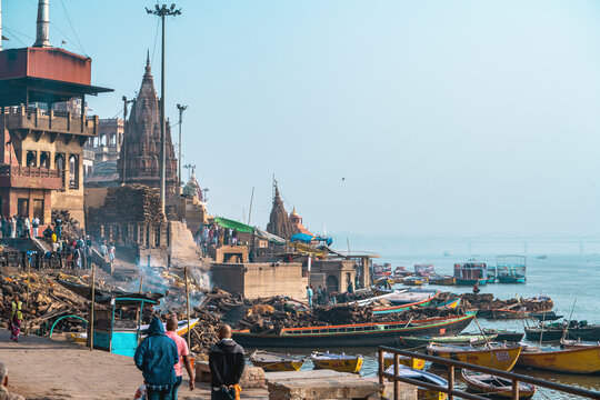 Varanasi, India. Cremation grounds on the banks of the Ganges River in Varanasi.