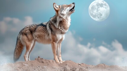 Howling Wolf Under Full Moon in Night Sky with Dramatic Clouds
