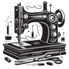 Silhouette illustration of a classic vintage sewing machine on white background, A Sewing machine vector silhouette on a white background, Minimalist Sewing Machine Vector Silhouette, sewing machine.