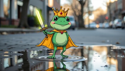 A minty green doodle frog prince with floating crown and glowing cape is holding a tiny sword while standing proudly on a real puddle in the street