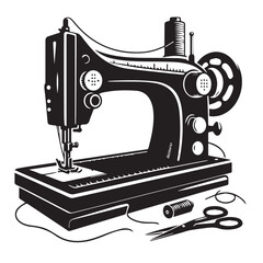 Silhouette illustration of a classic vintage sewing machine on white background, A Sewing machine vector silhouette on a white background, Minimalist Sewing Machine Vector Silhouette, sewing machine.