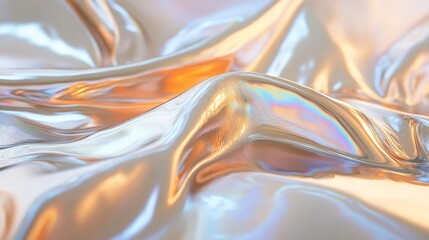 Metallic iridescent fabric drapes in soft light.