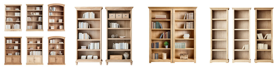 Collection of wooden bookcases and shelving units