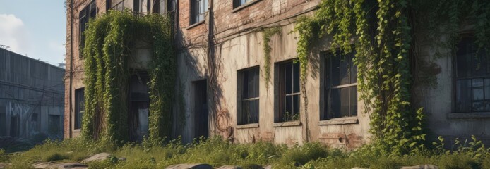 Fototapeta premium Overgrown vines clinging to a decaying industrial building , decay, industrial landscape