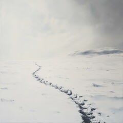Snow Trail Marked by Lone Footsteps in White Field