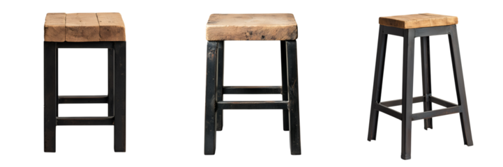 Rustic wood and metal bar stools in an industrial style.