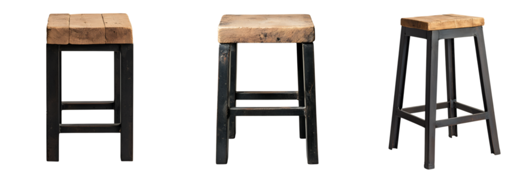 Rustic wood and metal bar stools in an industrial style.