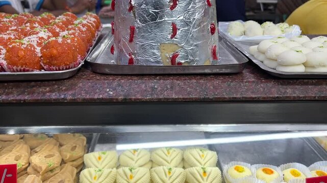 Darbesh and different Bengali sandesh sold in a sweet shop in Kolkata.