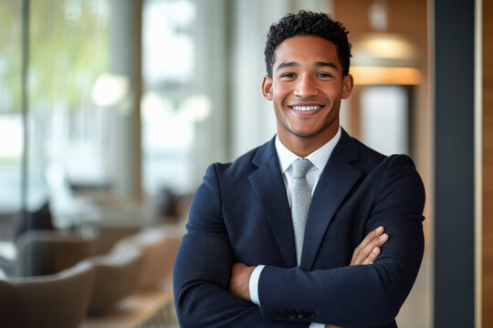 Chico joven afroamericano con cabello corto rizado, traje azul marino, camisa blanca y corbata gris, con los brazos cruzados sonriendo a c&aacute;mara con fondo desenfocado de un edificio de oficinas moderno