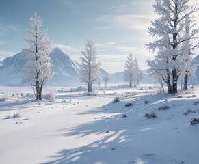 Fototapeta premium Frozen Arctic trees, snow, ice cap, distant research station , polar, panoramic, nature