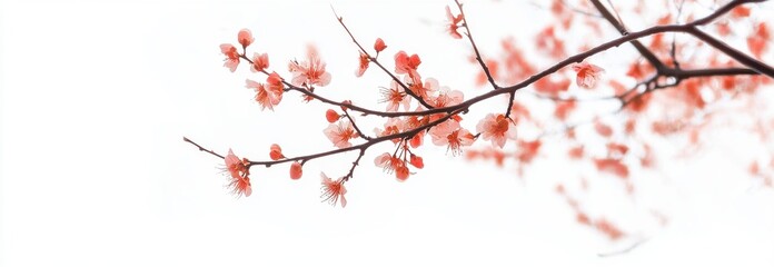 Delicate Red Blossoms on Branch Against White Background