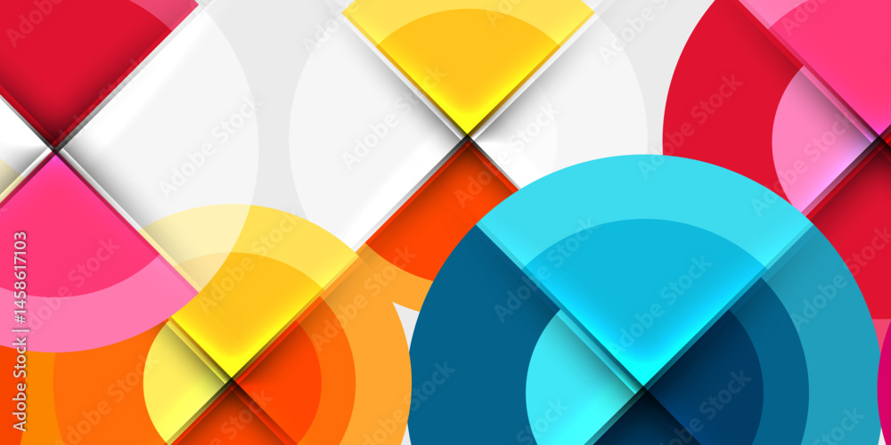 Poster Abstract geometric shapes overlap, creating vibrant colorful design. Circles, squares, rectangles intersect on black background.