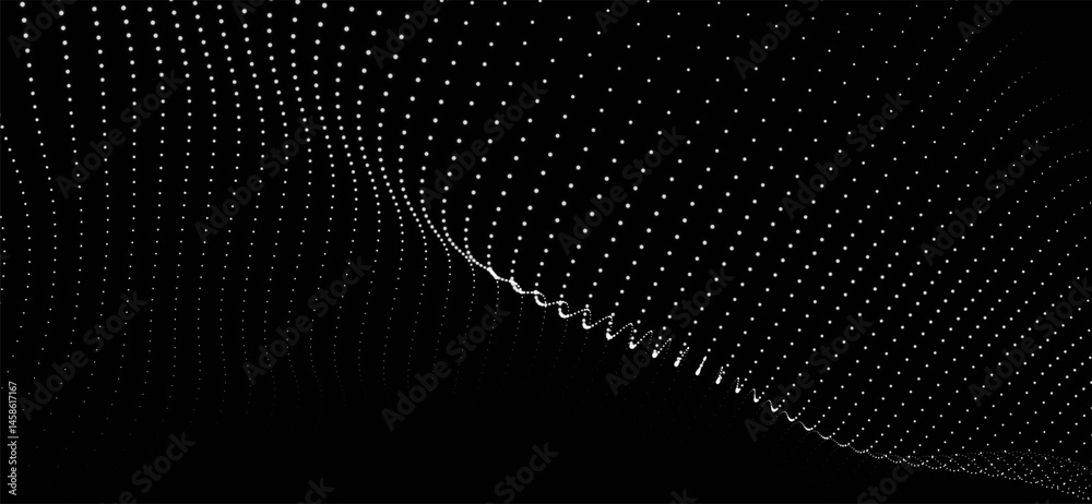 Sticker abstract background with dynamic black and white wave. futuristic dotted wave of bright particles on