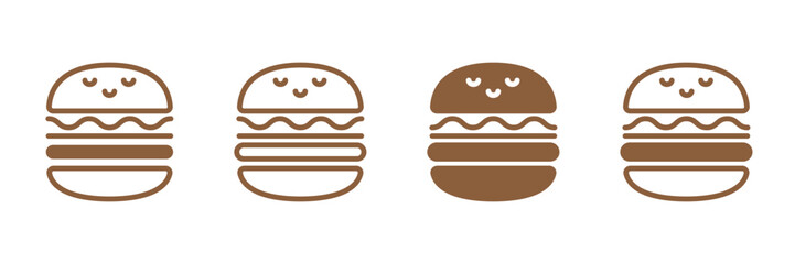 Set of four burgers icons isolated on transparent background. Cute and delicious burger icon set. Fast food icon. Simple burger, hamburger, cheeseburger, sandwich for logo, menu, advertisement etc.