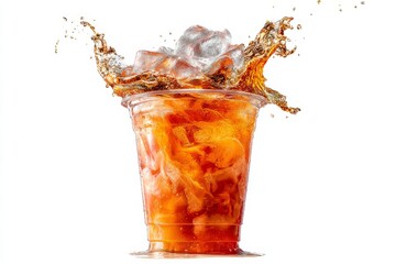 A refreshing iced tea with ice cubes splashing out of the plastic cup, isolated on white.
