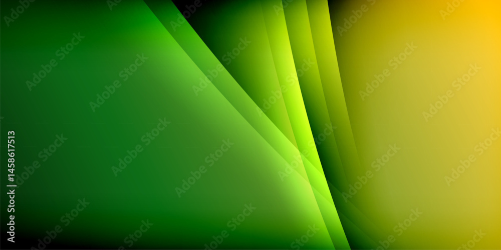 Poster Abstract gradients blend green, yellow hues. Diagonal lines create dynamic visual effect against black background. Minimalist design.