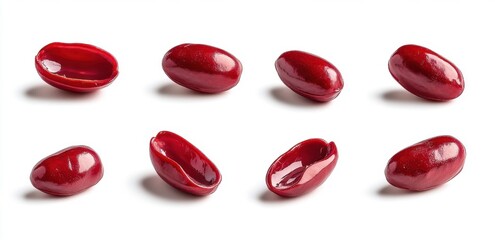Eight Red Kidney Beans in Various Positions on White Background
