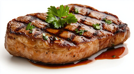 Grilled steak with rich glaze and garnished with fresh herbs, showcasing delicious and appetizing appearance