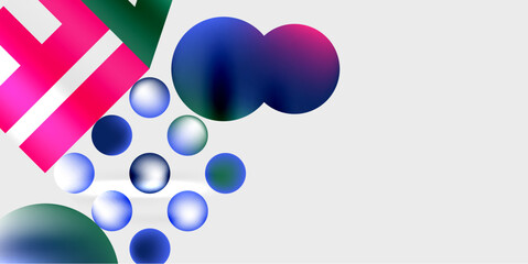 Abstract composition featuring colorful geometric shapes, circles, lines. Minimalist design with vibrant hues against dark background.