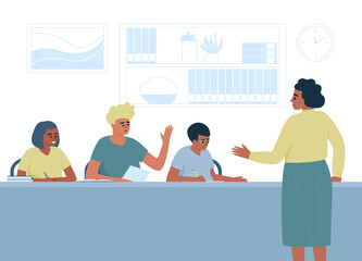 Teacher conducts survey of students in class. Concept of education. Teenagers sitting in class. Test question. Flat vector illustration.