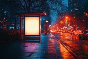 Illuminated bus stop advertisement on a wet city street at night.
