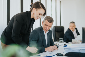 Colleagues working together in an office, fostering teamwork and collaboration during a meeting. Highlighting a professional business setting with active discussion and teamwork.