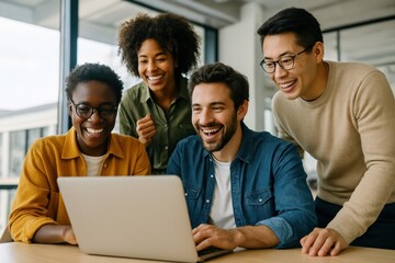 Diverse team collaborating joyfully.