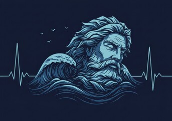 Man Poseidon rises from the ocean with vibrant pulse and seagulls. God of the Seas art for ocean day events, symbolizing the spirit and relentless energy of the sea.