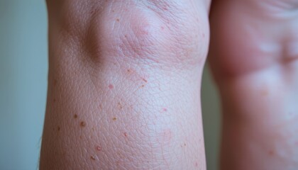 Skin texture close-up showing pores and imperfections on the elbow area.