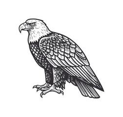 Bald eagle soaring in air monochrome illustration. Isolated, vector of eagle engraving style