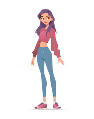Stylish cartoon young woman with long purple hair, wearing a cropped sweatshirt, leggings, and sneakers. Perfect for lifestyle, fitness, fashion, and character design projects