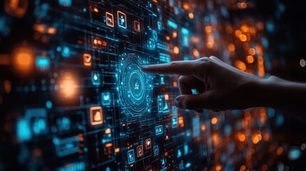 Hand touches glowing interface with data streams and digital elements in dark space.