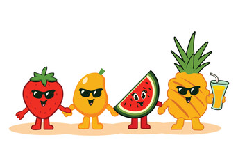 Cute summer fruits mango, pineapple, watermelon and strawberries. Vector illustration in cartoon flat style
