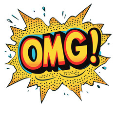Cartoon Omg Comic Speech Bubble With Halftone Yellow And Blue Colors