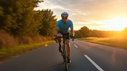 Cyclist Riding at Sunset - A male cyclist in a blue jersey rides a road bike down a country road as the sun sets behind him.  The video is slightly blurred to give a sense of motion. - Powered by Adobe