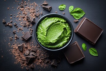 Green mousse with chocolate and spinach – healthy dessert concept for vegan branding, recipe blogs, or gourmet food campaigns