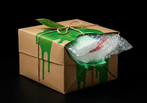 Box wrapped in brown paper, adorned with green paint and natural leaf, suggesting eco conscious packaging and greenwashing concept for sustainable living promotion