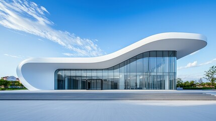 Modern architectural masterpiece with sleek curves and expansive glass facade.