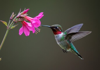 Fototapeta premium A hummingbird feeding on nectar from a bright pink flower bloom