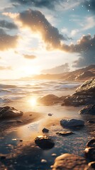 Coastal view with ocean water meeting rocks under dramatic sky with sunlight