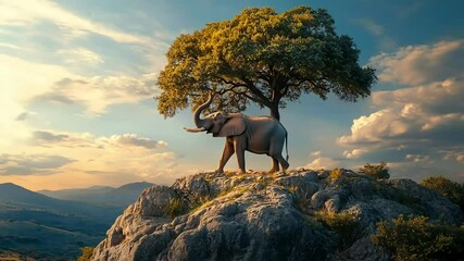 Elephant walking and raising its trunk at the top of hill with a tree