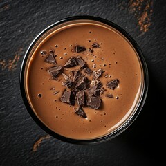 Hot chocolate with flakes on dark background – indulgent dessert visual for food branding, packaging design, or recipe blogs