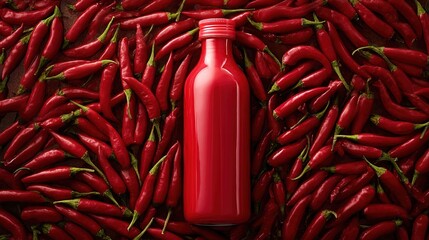 Red bottle on chili pepper background – bold visual for hot sauce branding, spicy packaging, or fiery food ad campaigns