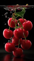 Fresh cherries on black background – summer fruit visual for food branding, product ads, or healthy eating campaigns