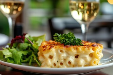 Mac and cheese with salad and wine – gourmet meal photo for restaurant branding, food blog content, or elegant dining visuals