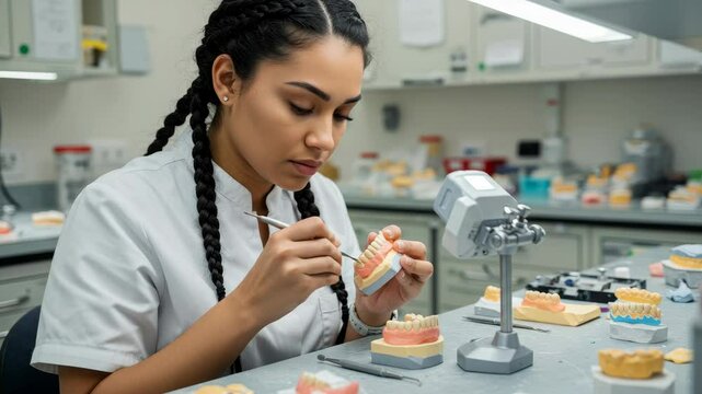 Young Female Dental Technician Working on Dentures - A focused young woman with braided dark hair meticulously works on a set of dentures in a dental laboratory