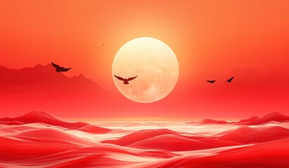 Flying over the ocean at sunset