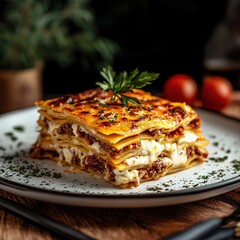 Homemade lasagna slice on rustic plate – gourmet food styling for restaurant menus, Italian cuisine branding, or editorial food content