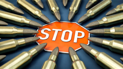 Patronen liegen um ein Stop-Schild