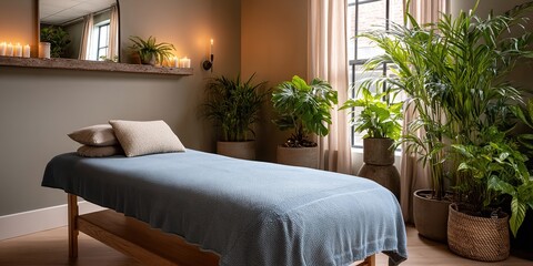 Relaxing spa room with natural light and plants – wellness interior photo for hotel branding, design catalogs, or relaxation visuals